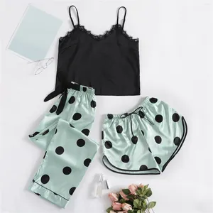 Pijamas femininos 3 peças conjunto de pijamas sexy para mulheres cílios rendas cetim cami tops shorts calcinha lingerie pijamas nightwear mujer