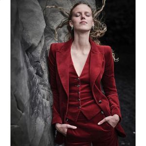 Women's Suits Blazers Suede Leather Vintage Suit Single Breasted Jacket Pants Outfit Red Tailor Female Fashion 2023 3 Piece Set 231214