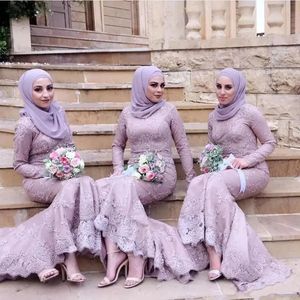 Arabic Muslim Long Bridesmaid Dresses Lace Appliques Long Sleeves Mermaid Formal Dress For Women Elegant Hijab Wedding Guest Gown Special Occasion Wear 2024