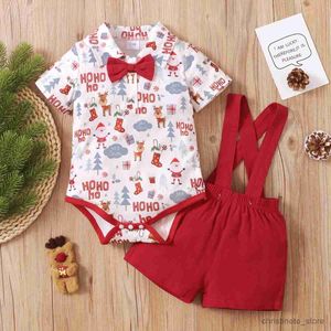 Roupas conjuntos de roupas de Natal meninos de roupas de casamento de 2pcs desenho animado santa camisas de manga curta Romper+gravata borboleta+shorts suspensos R231215