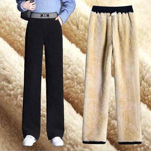 Damenhose Plus Samt Breites Bein Warm Hohe Taille Vintage Lose Feste Hose Tasche Verdickung Winter