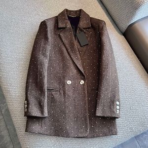 2024 Spring Brown Rhinestone Blazers Long Sleeve Notched-Lapel Double-Breasted Outwear Coats Z3D121359