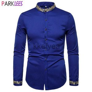 Herrklänningskjortor Män Royal Blue Gold Embroidery Dress Shirts Brand Mandarin Collar Slim Fit Long Sleeve Shirt Men Party Weddinner Chemise J231215