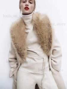 Women's Fur Faux Fur RR1534 Detached Big Fake Fur Collar Wool Blends Coats Womens X Long Loose Winter Wool Jackets Women Belt Tied On Waist Outwear T231218