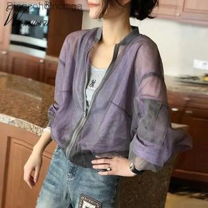 Others Apparel Summer Baseball Gauze Cropped Jacket Women Korean Fashion Lightweight Sun Protection Outerwear Long Sle Tops Casual ChaquetasL231215