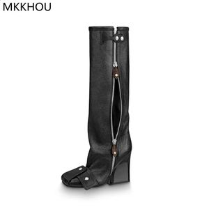 ブーツmkkhouファッション膝 - ハイ女性ブーツ高品質のレザーウェッジヒールブーツパーソナリティストリートパンクスタイルオートバイブーツ231214