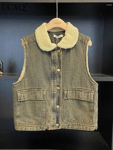 Kvinnors västar UCXQ Korean lammklyvslipning Singel Breasted ärmlös denim Vest Versatile Warm Top 2024 Spring Autumn 23A6462