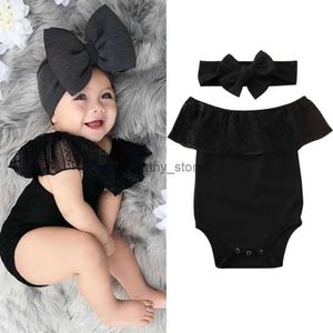 Rompers Pudcoco Newborn Baby Girl Clothes Off shoulder Romper Headband 2PCS Outfit Black Lace Romper JumpsuitL231114