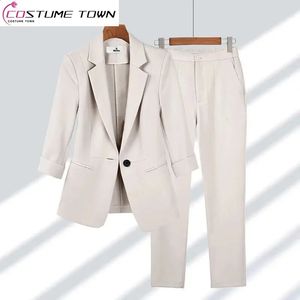 Ternos femininos blazers verão jaqueta fina casual calças de perna larga duas peças elegante conjunto feminino escritório wear negócios 231214