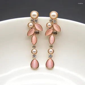 Baumeln Ohrringe JZTOP Dame Luxus Kristall Imitation Perlen Tropfen Rosa Wasser Opal Lange Ohrring Für Frau Hochzeit Schmuck Geschenk