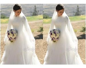 Muslim Wedding Dresses High Neck Half Sleeves Appliques Satin Tulle Floor Length Modest Wedding Gowns Bridal Dresses Zipper Up