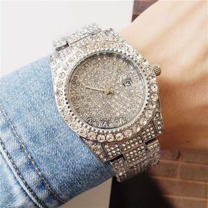 Cassa piena di diamanti in oro rosa nero oro argento da 40 mm per uomo orologio al quarzo con data e lunetta da donna2528