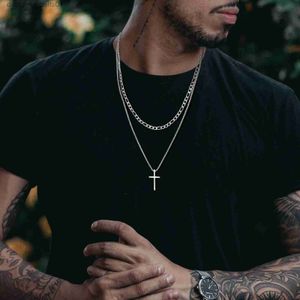 Pendant Necklaces Vnox Mens Cross Necklaces Stainless Steel Layered Plain Cross Pendant Rope Box Chain Necklace Simple Prayer Jesus CollarL231215