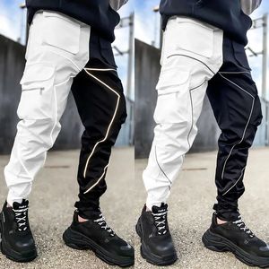 Pantaloni da uomo Casual Nero Bianco Patchwork Cargo Allentato Plus Size A righe Multi tasca Jogging Sport Fitness Hip Hop Jogger Pantaloni 231215