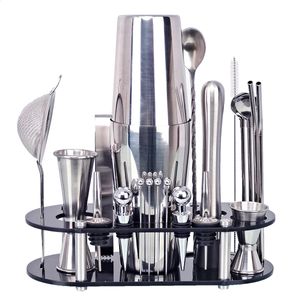 Bar Tools Bartender Kit 23-Piece Cocktail Shaker Set Oval Acrylic Stand för blandade drycker Martini Bar Tools Set rostfritt stål 231214