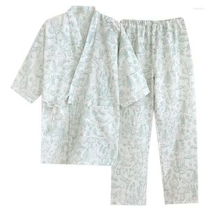 Ethnische Kleidung Baumwolle Gaze Kimono Set Pyjamas für Frauen Frühling Sommer dünne Neun-Minute-Ärmel und Hosen alle gedämpften Kleid Home Wear