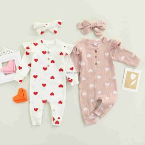 Rompers Infant Baby Girls Two-piece Clothes Set Heart Print Long Sleeve Crew Neck Romper and Bow Knot Headdress Pink/ WhiteL231114