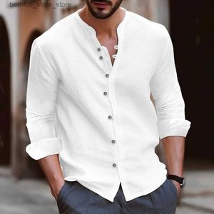 Men's Polos Retro Style Summer Men's Casual Cotton Linen Shirt Mock Neck Solid V-Neck Long Sleeve Loose Top Handsome Shirt US Size S-3XL Q231215