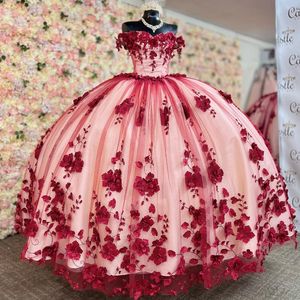 Kırmızı lüks 3d çiçek aplike dantel boncuklar prens meksikalılar tatlı 16 doğum günü quinceanera elbiseler vestidos de 15