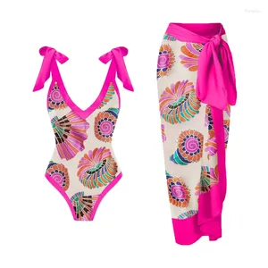 Costume da bagno da donna 2023 Costume intero con gonna Donna Abito da spiaggia floreale rosa femminile Costume da bagno brasiliano estivo