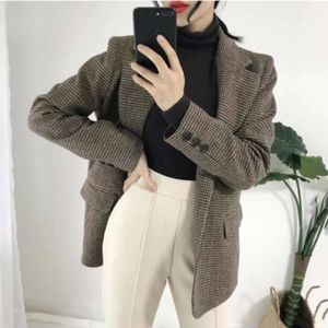 Checkered Suit Jacket för kvinnors koreanska version 2023 Autumn/Winter Thousand Bird Plaid Retro Loose and Slant Woolen Suit Jacket Trend