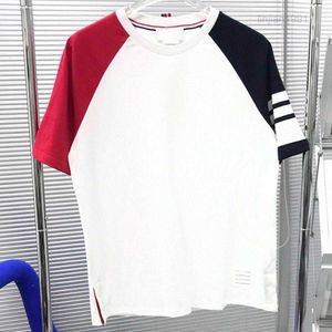 IT-THOM Men women T-Shirts pure cotton Loopback Jersey white brown Knit Summer wear arm stripe Sweatshirt Crewneck Pullover