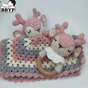 Mobiles Crochet Elk Deer Rabbite Toy Set Comfort towel Baby Rattle Biting Ring Handmade Teething Stuffed Plush Toys Gifts 231215