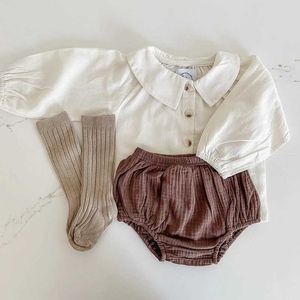 Conjuntos de roupas primavera roupas de bebê outono manga longa blusa topo algodão orgânico shorts conjunto lapela cor sólida vintage bloomer bebê presente terno