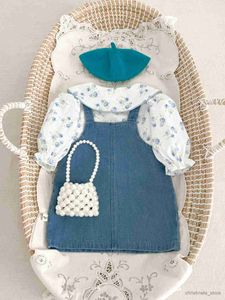 Комплекты одежды Весна и осень Рубашки с цветочным рисунком для новорожденных девочек + юбка в форме сердца Ковбойская цельная юбка Модная одежда для малышей R231215