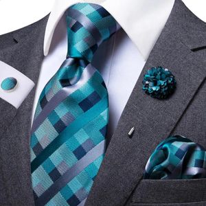 Neck Ties Mens Necktie 85cm Wide Plaid Blue Silk Wedding Tie Pocket Square Cufflink Set Brooch Gift for Men Hitie Designer 231214