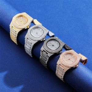 العلامة التجارية Iced Out Diamond Watch Quartz Gold Hip Hop es مع Micropave CZ على مدار الساعة الفولاذ المقاوم للصدأ Relogio 220228221p