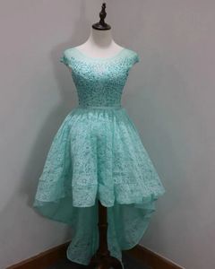 Ince Blue Lace High Low Prom Party Dress 2024 Scoop Cap -paljetter Pärlor Kväll Gästklänningar för Homecoming Robe de Soiree