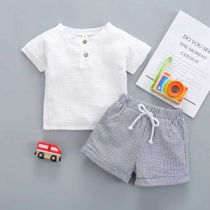 Clothing Sets 2PCS Baby boy summer bubble cotton pure color round collar short sleeve button pullover + belt stripe shorts suit