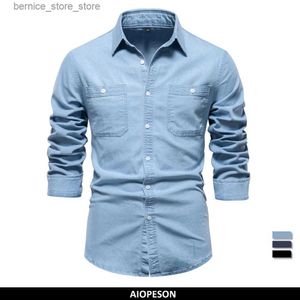 Polos męski 2023 Nowa jesień męskiej koszuli dżinsowej bawełniana elastyczna swobodna konstrukcja społeczna podwójne kieszenie szczupłe dżinsy dla mężczyzn Q231215