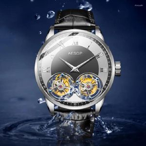 Relojes de pulsera AESOP Double Flying Tourbillon Relojes mecánicos impermeables para hombres Reloj de esqueleto giratorio masculino para hombres de lujo