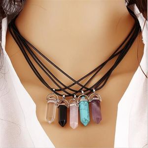 Moda nova pu lether corrente das mulheres dos homens criado pedra preciosa natural hexagonal prisma pilha pingente colar feminino g288234v