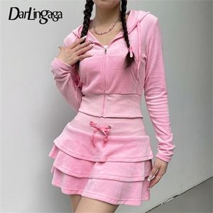 Women s Hoodies Darlingaga Sweet Pink Zip Up Autumn Hoodie Jacket Cropped Coat Korean Fashion Slim Sweatshirt Coquette Clothes Pockets Outerwear 231214
