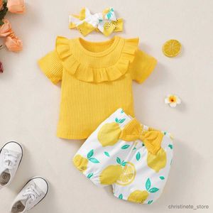 Giyim setleri yürümeye başlayan çocuk kızlar giysi yaz katı kısa kollu üst +limon baskılı şort 2 adet bebek moda giysileri kıyafeti r231215