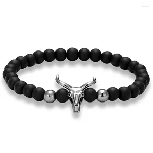 Charm-Armbänder 10 Stück 6 mm mattiertes schwarzes Ochsenkopf-Armband Heilung Balance Perlen Reiki Buddha Gebet Naturstein Yoga für Frauen Männer