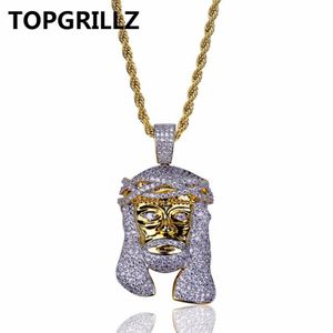 TOPGRILLZ Gold Color Plated Iecd Out HipHop Micro Pave CZ Stone Pharaoh Head Pendant Necklace With 60cm Rope Chain201d