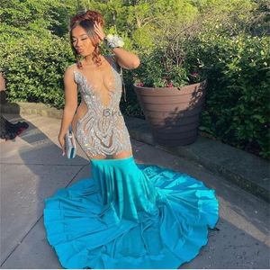 Luxury Blue Prom -klänning för Black Girls Diamond Pärled Se genom Top Baddie Mermaid aftonklänningar Elegant formellt Speical Endast African Birthday Promdress 2024