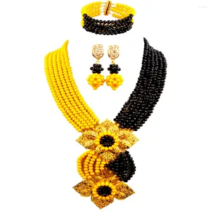 Necklace Earrings Set Yellow And Black Crystal Beads Costume African Jewelry For Women