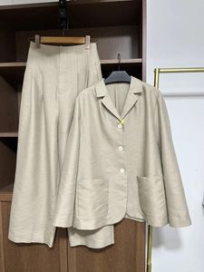 여자 2 피스 바지 린넨 캐주얼 버전 편안하고 상쾌한 넓은 양복 주름 하이 허리 바지 세트