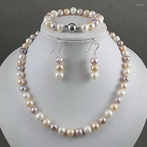 Set di orecchini e collana annodati a mano da 8-9 mm, bianchi, rosa, viola, d'acqua dolce, quasi rotondi, con bracciale di perle, gioielli di moda