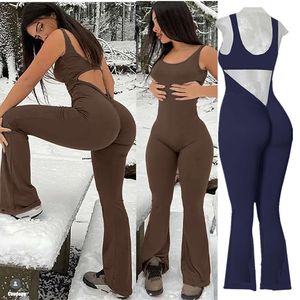 Lu Lu Align 2024 Nylon Women Yoga Gym Set Sports Rompers Deep V Back Fitness Workout Pant Flare Leggings One Piece Jumpsuit Active Wear Lemons LL Exercise