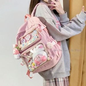 Sacos escolares meninas grande rosa ita mochila com dois bolsos claros para pin display mulheres grande kawaii saco placa de inserção h221 231215