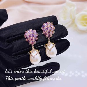 Stud Retro High End Amethyst Pearl Kolczyki z 925 Stamp Temperament Water Drop Purple Cyrron Prezent 231214