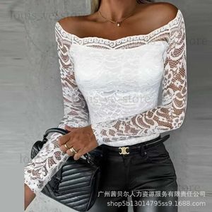 Women's T-Shirt Off Shoulder Long Sleeve Lace Top Women Sexy Lace Tops Slash Neck T Shirt Sheer White Shirt Regular Elegant Autumn Summer Y2k T231215