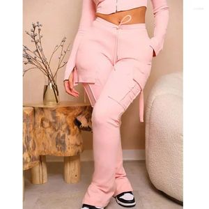 Calças femininas moda rosa meados de cintura carga com bolsos sexy streetwear magro cordão senhoras calças casuais calça 30362