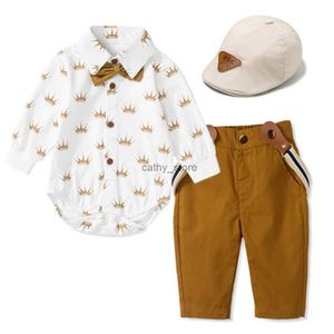 Rompers Baby Boy Clothes Suit Cotton Boutique Royal Crown Set Infant Toddler Boy Birthday Party Gift Outfit Romper Bow Hat Shoes ClothesL231114